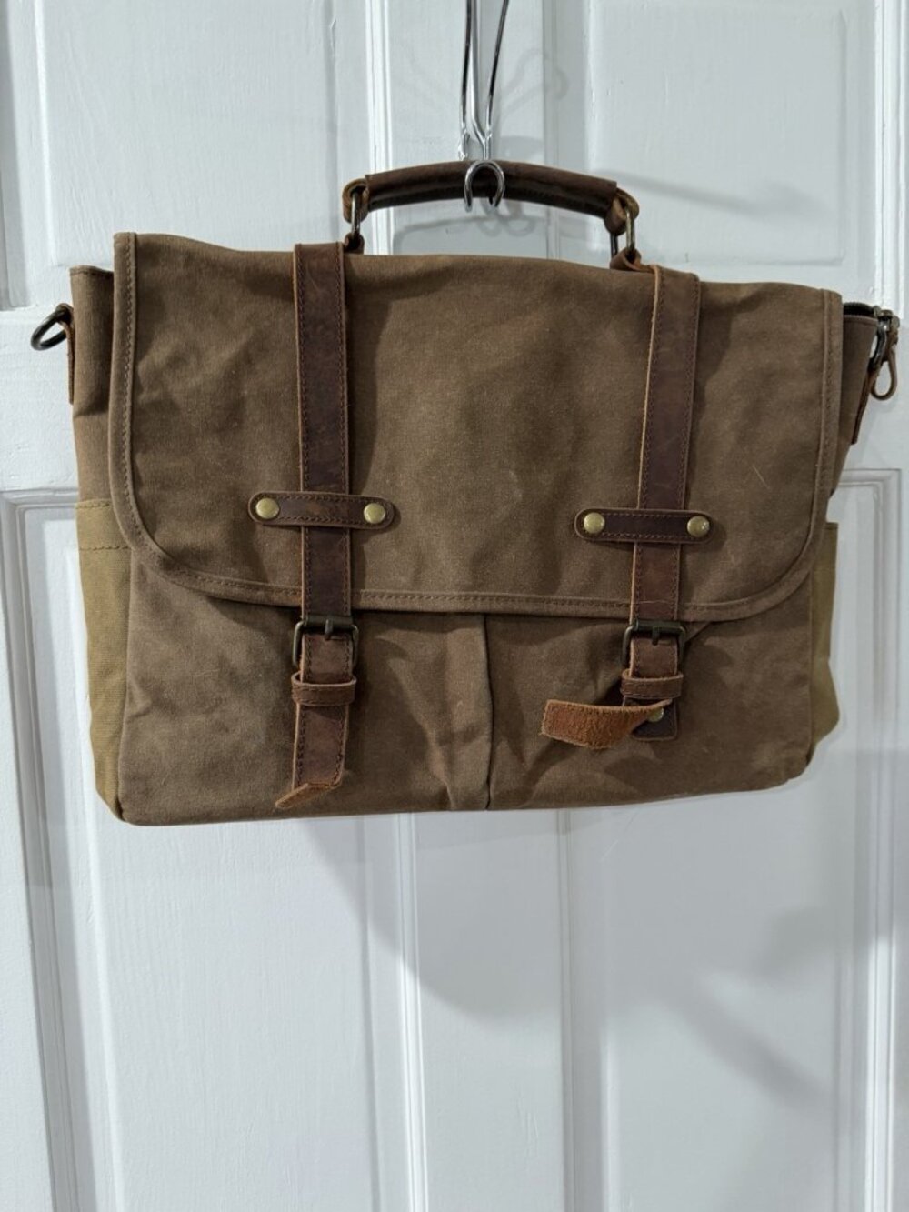 Newhey Messenger Bag/LapTop Bag Waxed Canvas Genuine Leather Brown Tan No Strap.